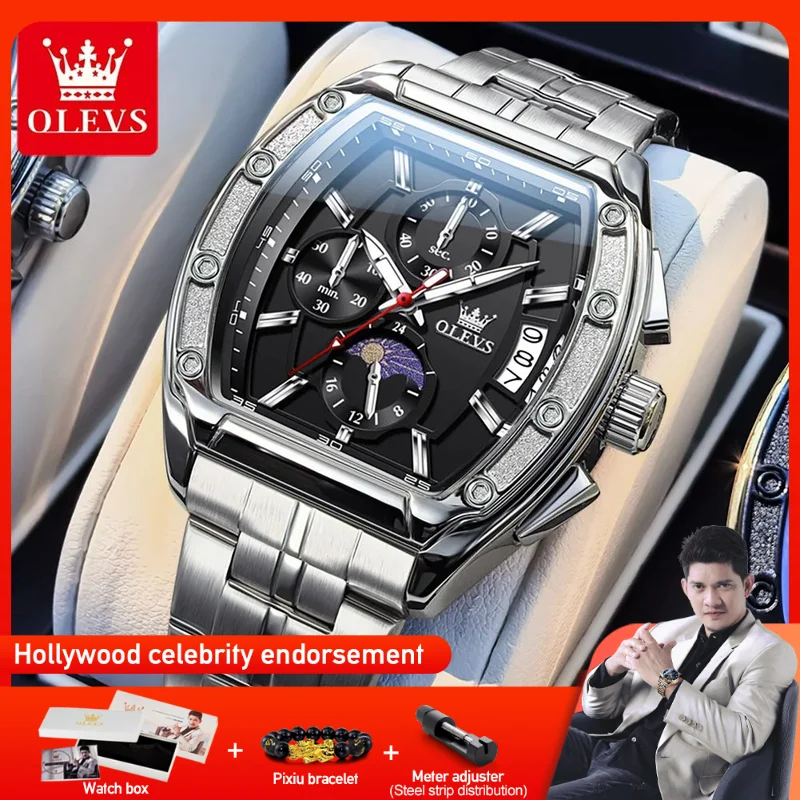 

OLEVS 3661 Mens Watch Original Tonneau Quartz Watch Multifunctional Chronograph Waterproof Moon Phase Watches For Men Box New