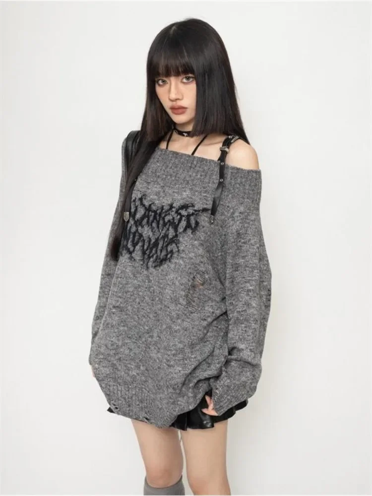 Grunge Y2k Sweater Knitwear Women Japanese Style Gothic Off Shoulder Long Sleeve Ripped Jumper Harajuku Goth Streetwear