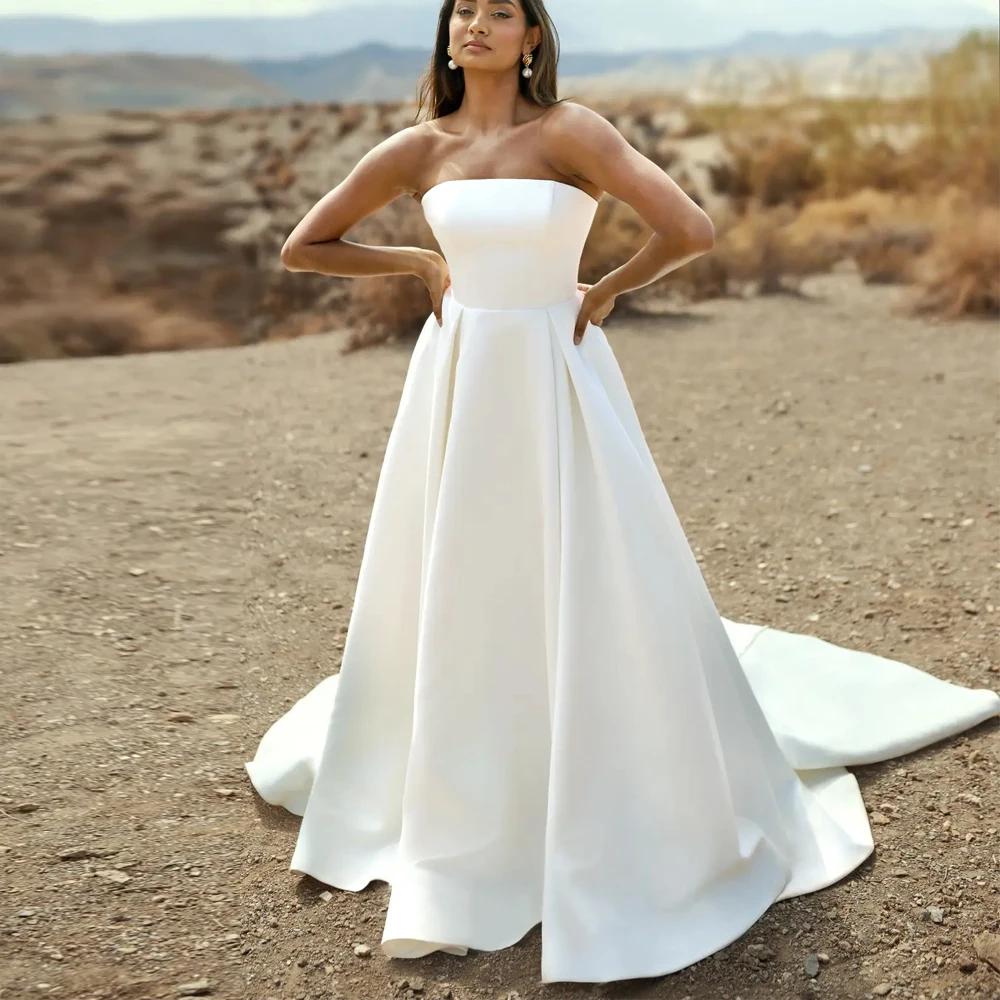 YCJ una línea sin tirantes vestido De Novia sin mangas personalizado Vestidos De Novia De satén espalda abierta cremallera hasta el suelo nuevos Vestidos De Novia