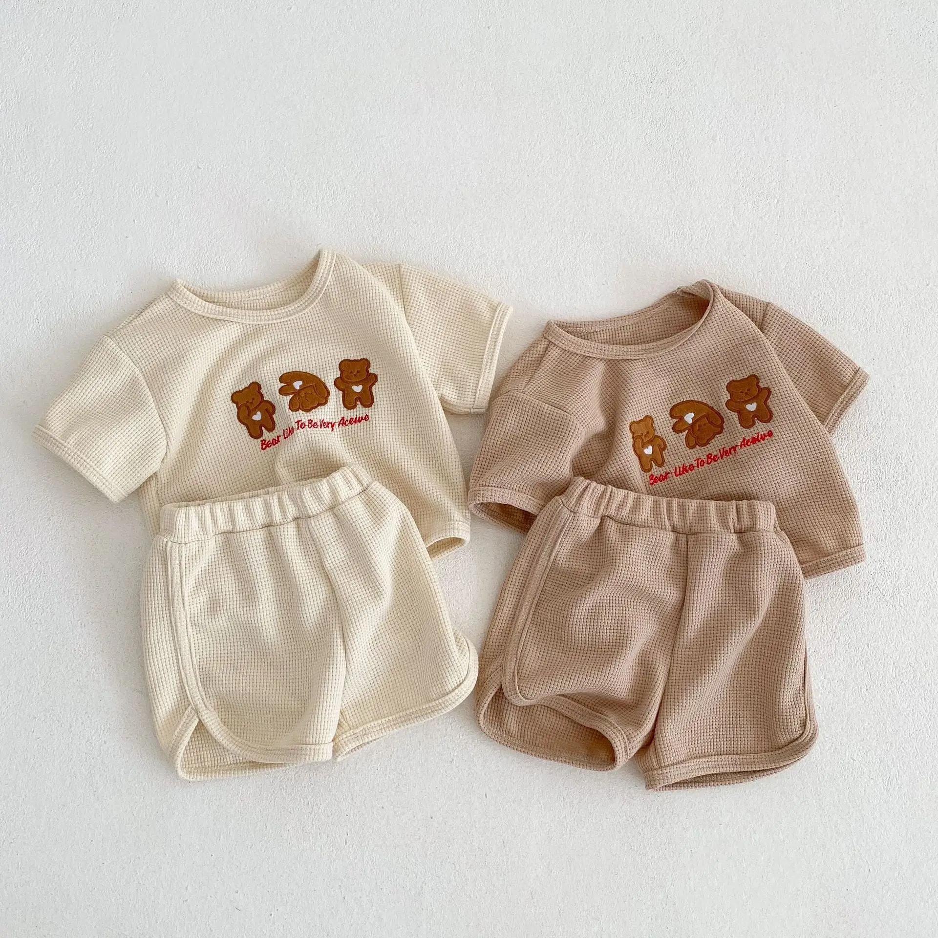 

2024 New Baby Waffle Short Sleeve Clothes Set Infant Boy Cute Bear Embroidery 2pcs Suit Toddler Summer T Shirt + Shorts Outfits