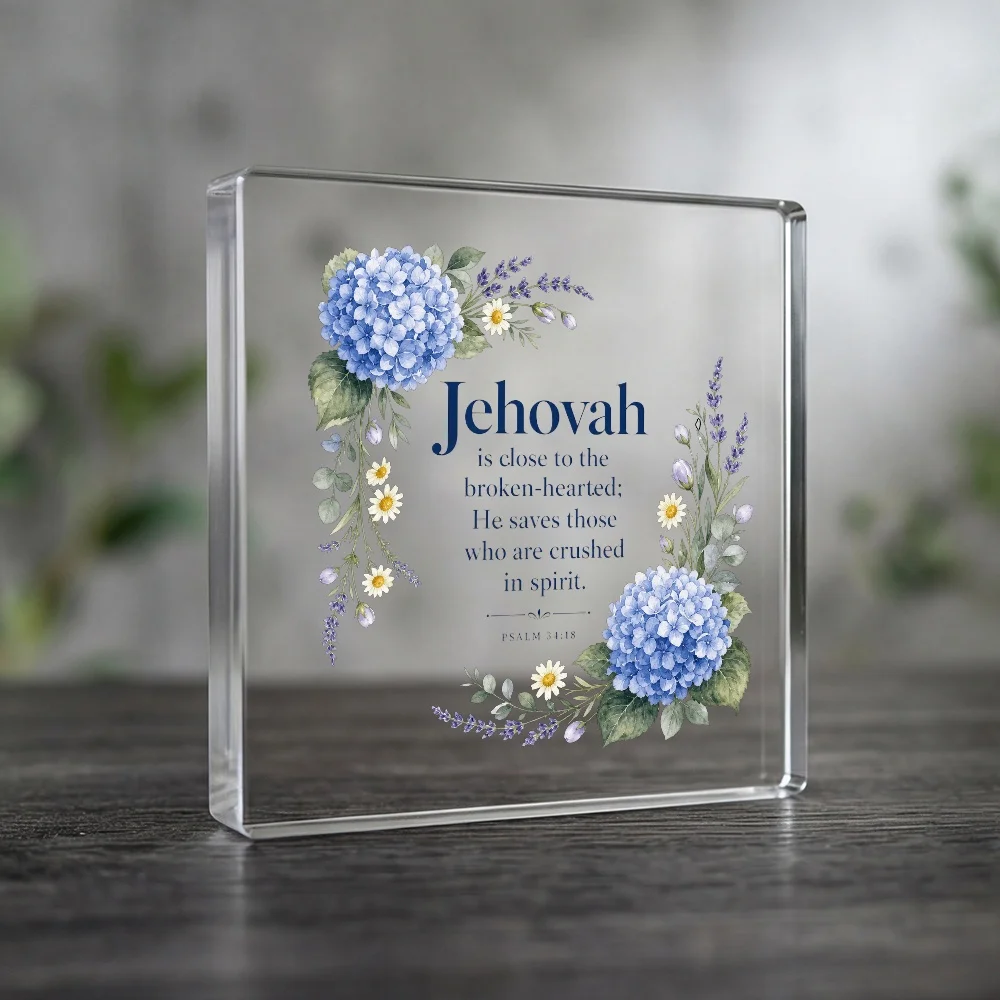 CIFBUY Acrylic Plaque Blue Hydrangea Bible Verse Square Floral Desktop Decor Christian Ornament Gift For Women