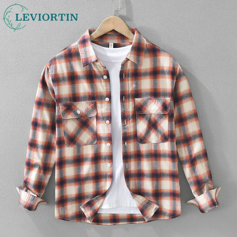 Spring/ Autumn Japanese workwear checkered long sleeved shirt for men, fashionable and versatile, artistic and casual loose top