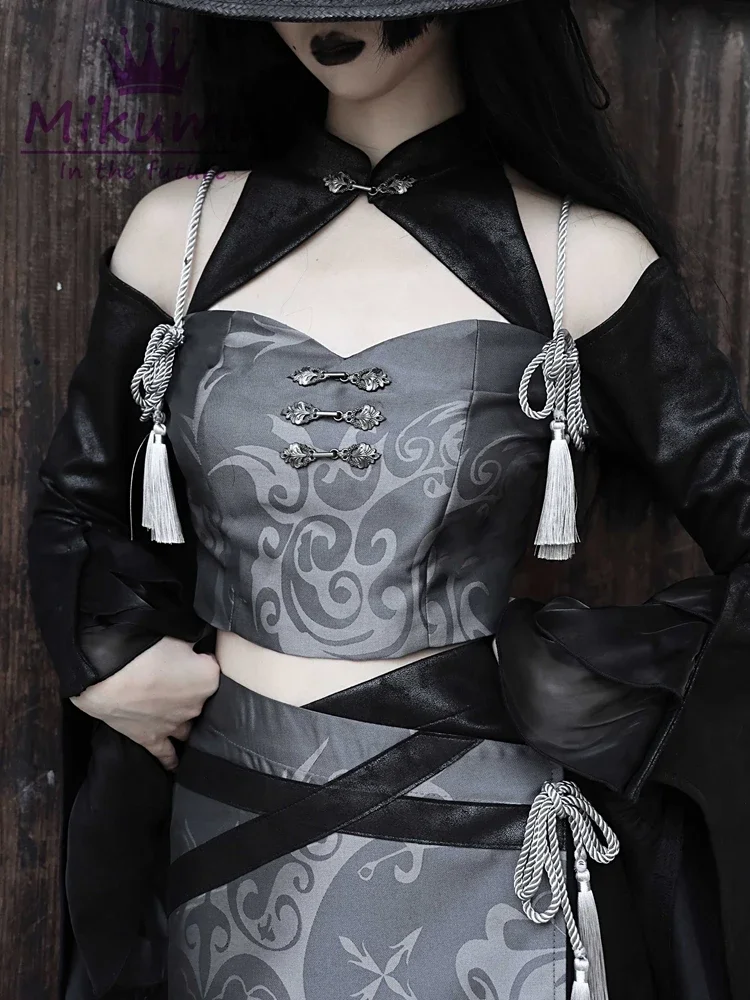 ロールプレイ衣装日本の忍者女性コスプレゴシックフリルフレアスリーブシャツパッチワークタッセルセクシーなクロップトップブラウスパーティーウェア