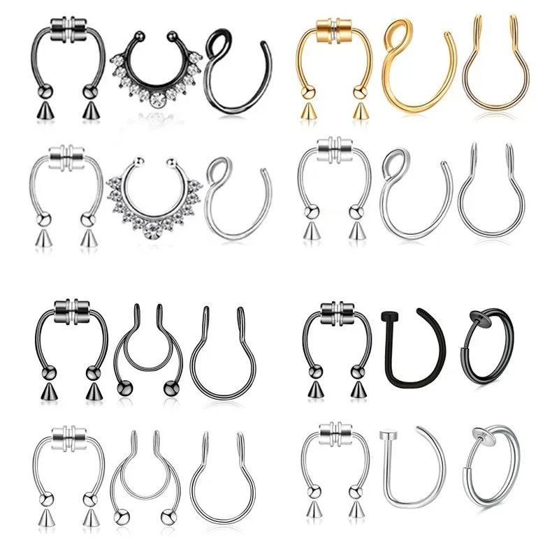 3Pcs Fake Nose Ring Magnetic Septum Ring Fake Nose Ring Hoop Stainless Steel Horseshoe Clip On Nose Ring No-Pierced Septum Ring