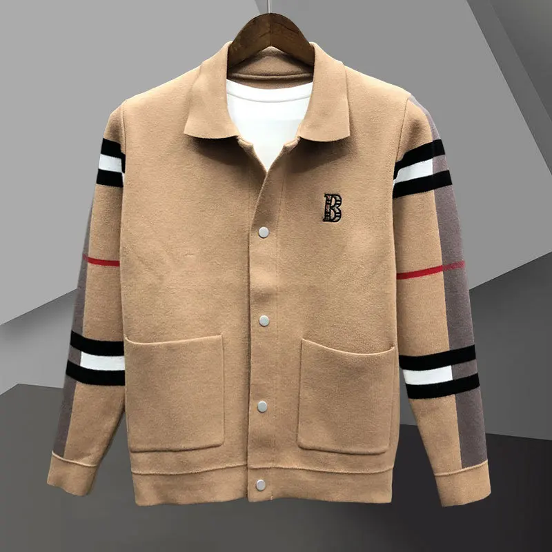 2023 Autumn Winter England Style Pocket Men Cardigan Fashion Brand Cardigan Plus Size Spliced Color Cardigan Knit Jacket