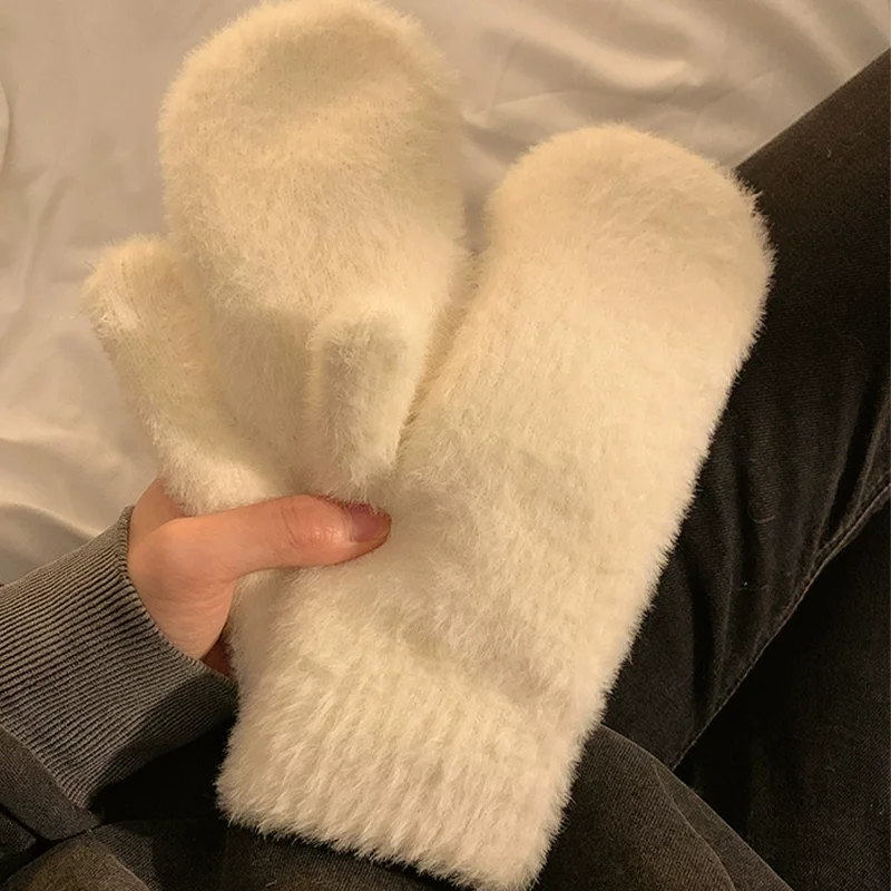 

Korean Women Rabbit Fur Lovely Sweet Soft Solid Plush Fluffy Winter Keep Warm Gloves Cold Protect Windproof Thickened Mittens