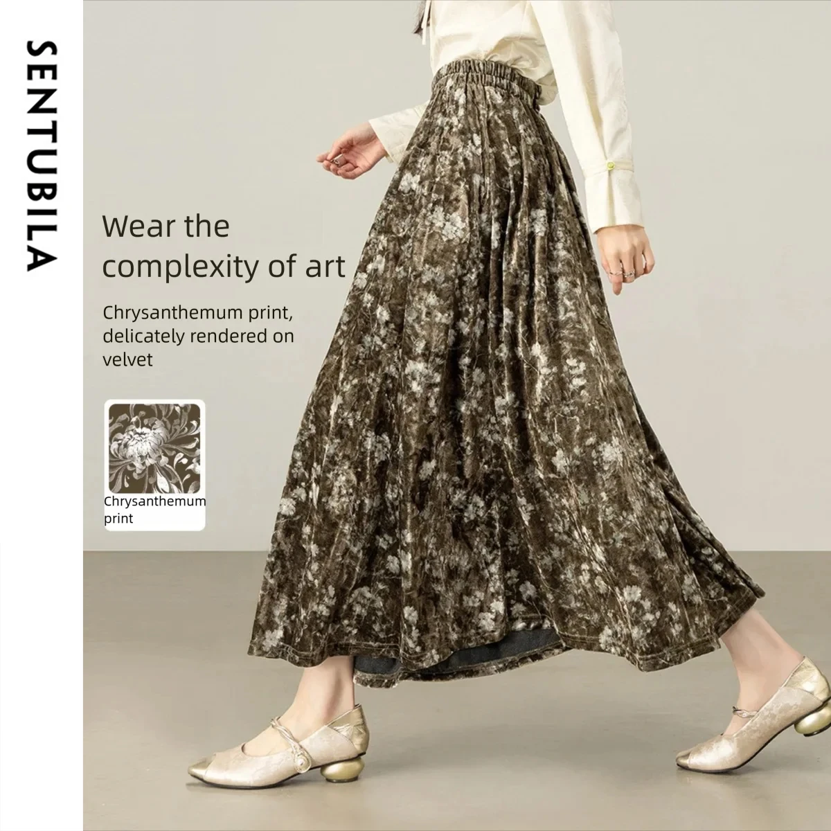 

SENTUBILA Women's A-Line Skirt 2025 Autumn Velvet Elegant Mid-Length Floral Print Elastic Waist Office Commuter Skirt Q54QJ3674