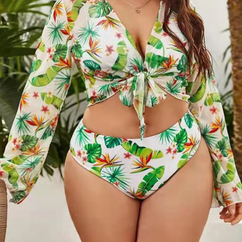 Nadrukowane Split Plus Size Bikini kobiety 3 sztuki plaża wysoki stan strój kąpielowy seksowne damskie stroje kąpielowe zestaw wiosna lato