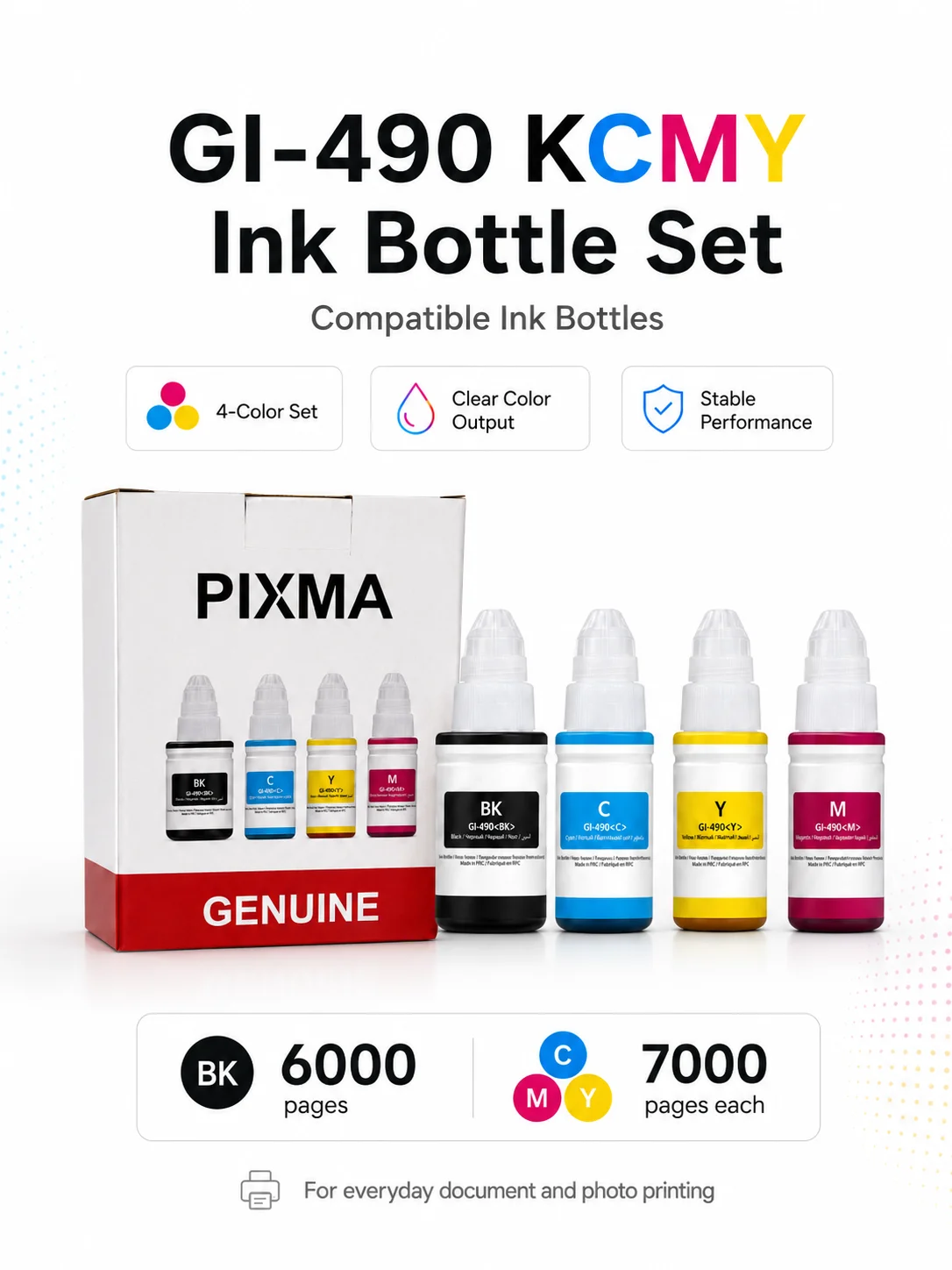 

PIXMA GI-490 KCMY Ink Bottle Set Compatible Refill Ink for Canon Printer 4 Color BK C M Y High Yield Replacement Ink