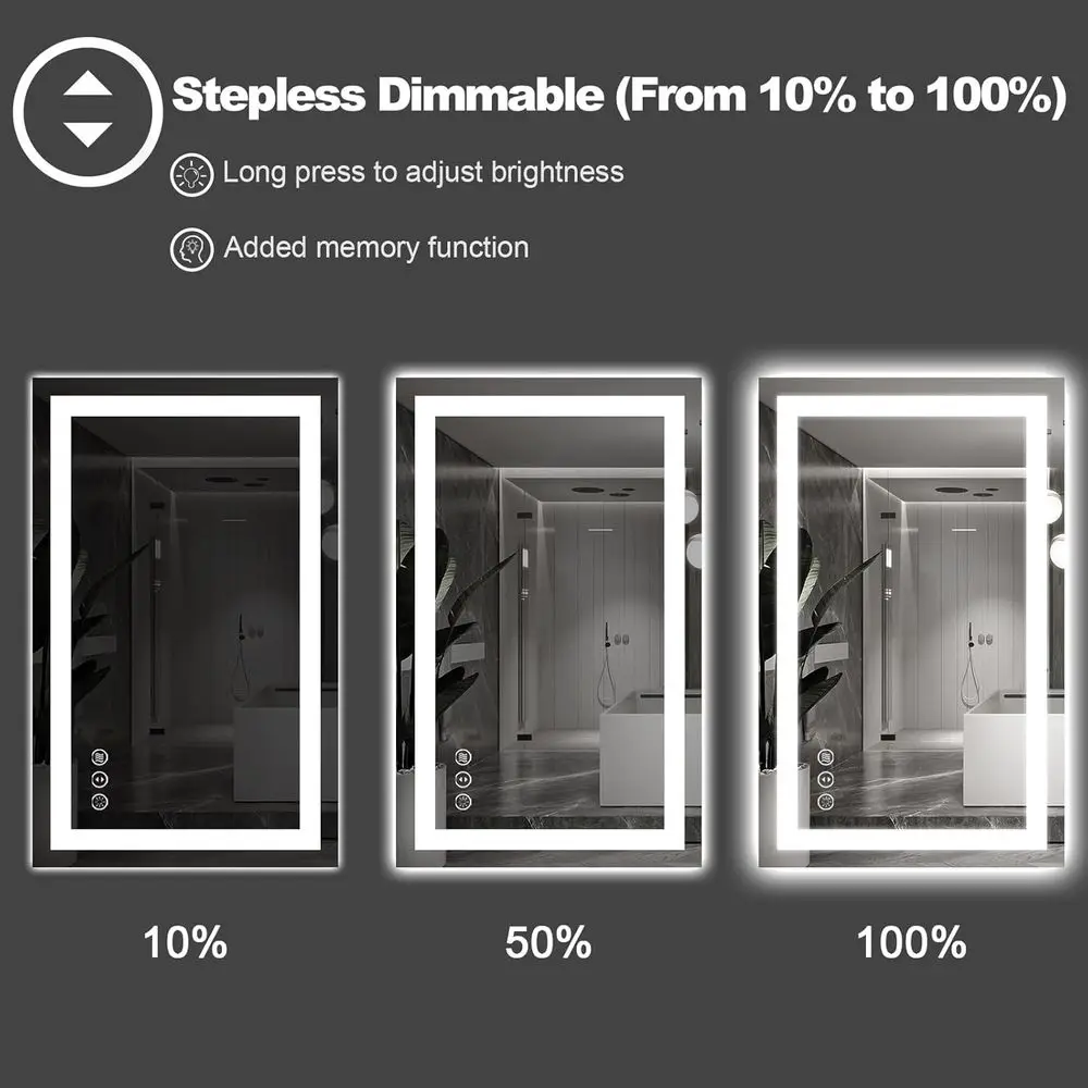 Miroir de salle de bain éclairé par LED 40 x 30 pouces avec antibuée, incassable et 3 options de couleurs