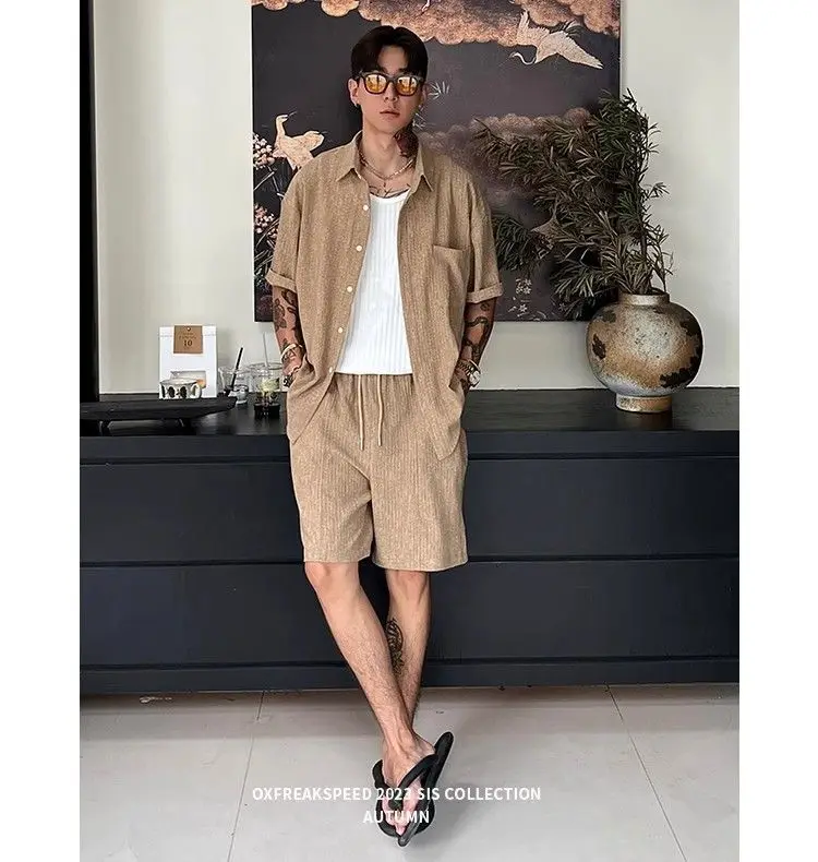 Chemise d'été à manches courtes pour hommes, Texture plissée, tendance, coupe ample, Premium