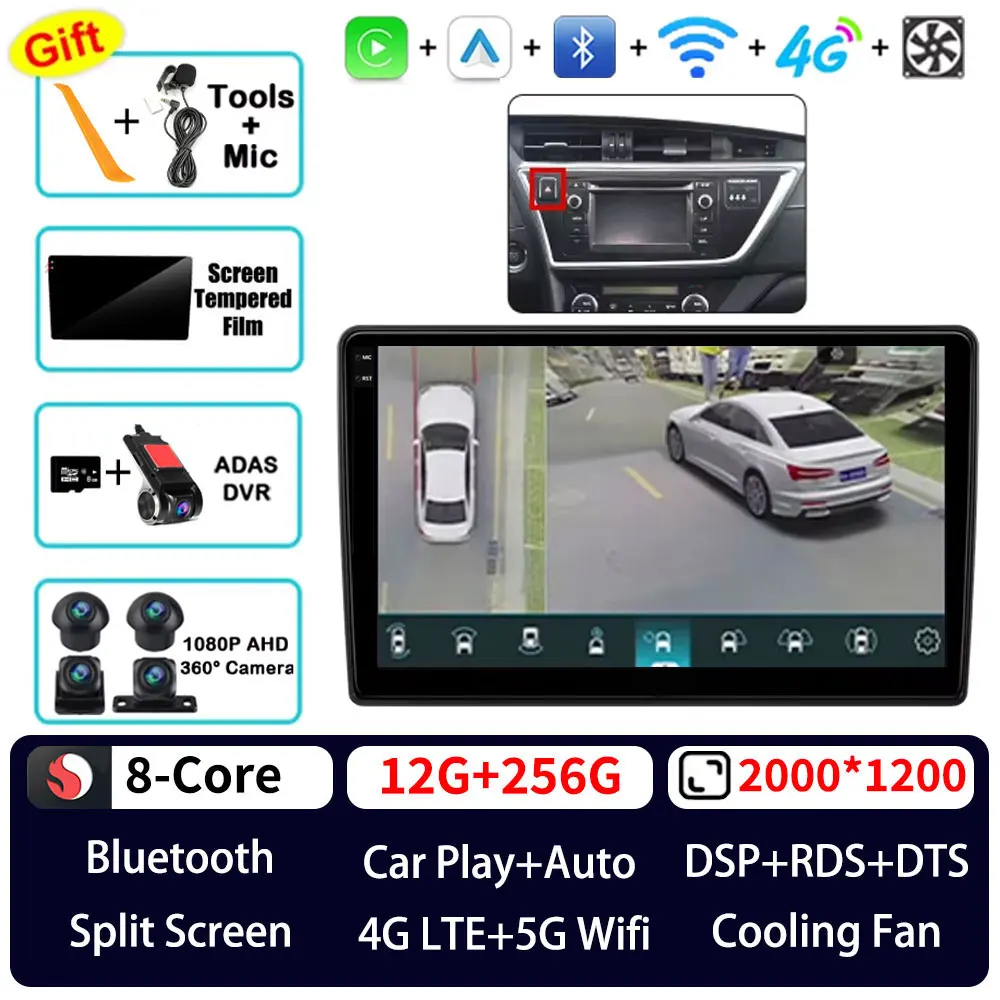 Android 15 Carplay voor Toyota Auris 2013 2014 2015 2016 Corolla E160 E170 LHD 360 camera 5G WIFI autoradio BT videospeler QLED