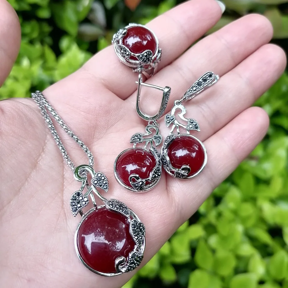 Ajojewel Vintage Women Jewelry Set Of 3 Pcs Black Marcasite Vine Leaf Earrings And Necklace Ring With Stone