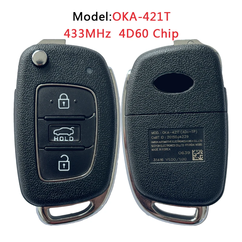 TXK020056 Genuine for Hyundai Remote Key 3 Button 433MHz 4D60 Chip MOD:OKA-421T CMIIT ID 2015DJ4229