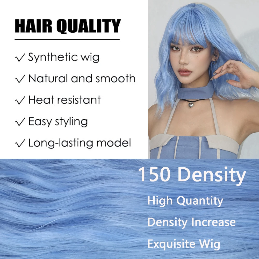 HAIRCUBE Short Blue BOB Curly Wavy Wigs with Bangs Heat Resistant Synthetic Short Wigs for Women Christmas Cosplay Party Wigs