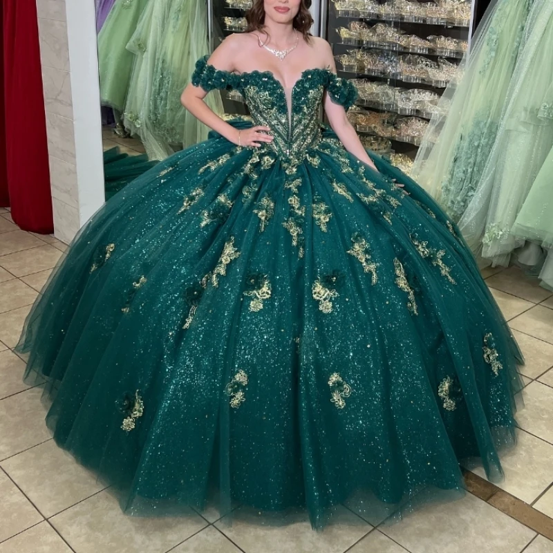 

Blackish Green Sweetheart Dress Quinceanera Dress Party Gown Princess Off The Shoulder Lace Appliques Sweet 16 Vestidos De 15