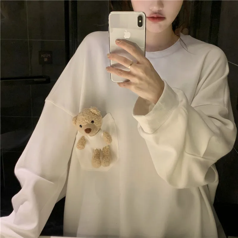 Women Loose Long Sleeve Sweatshirt Pocket Bear Thin Spring 2025 Summer Fashion Student Casual Outerwear Coat Korean Style Top