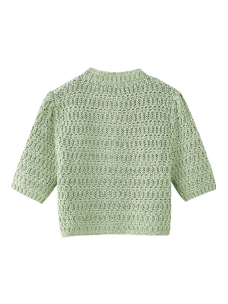 Women\'s Casual Hollow Out Knitted Pullover, Green, Super Short, O-Neck, Short Sleeve, Elastic Sweater, Ladies Tops, Summer, 2024