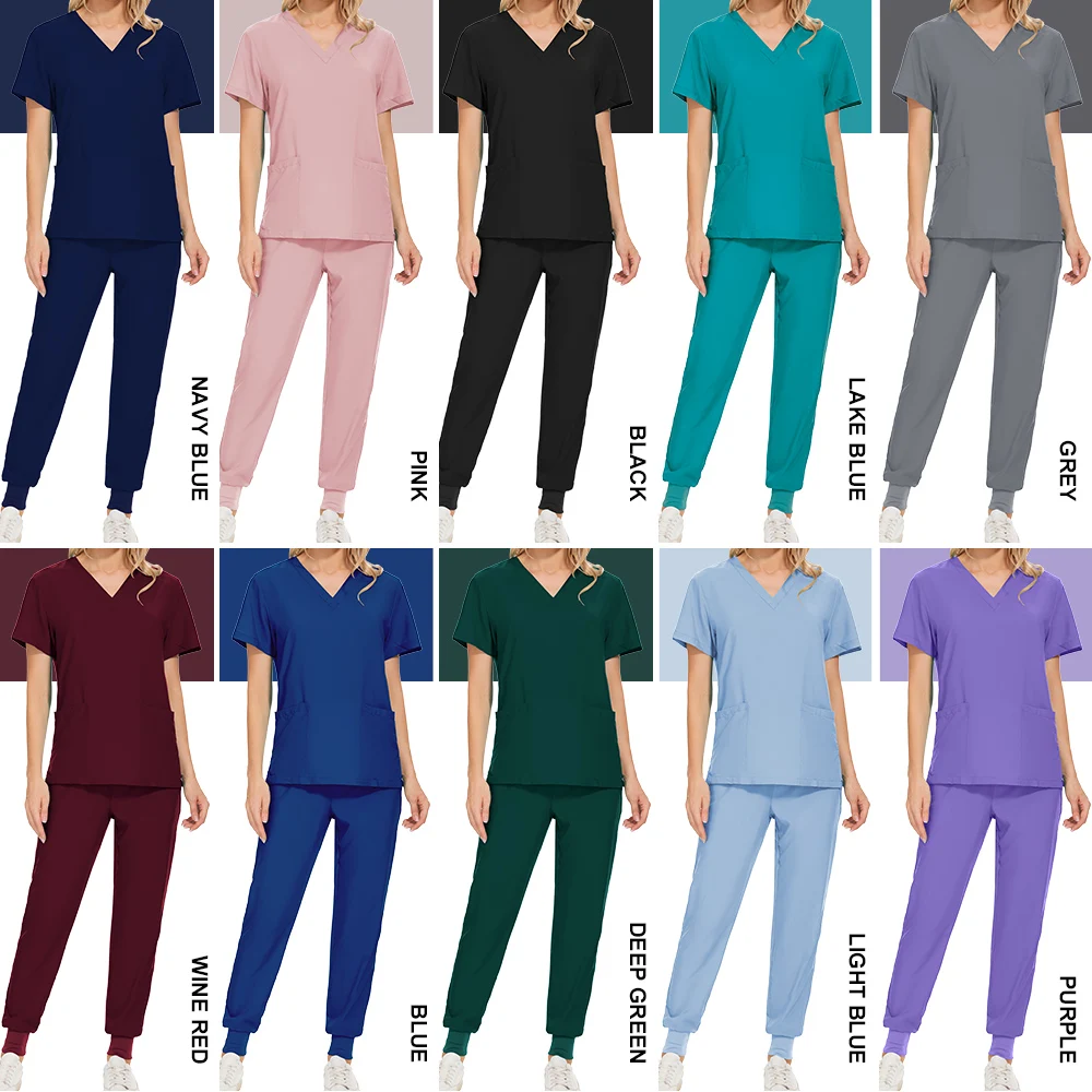 Women with Pocket Scrub Top and Pant Slim Scrubs Nurse Classic Fit Uniform Set Solid Color Dentist Veterinary Surgical Gown Suit