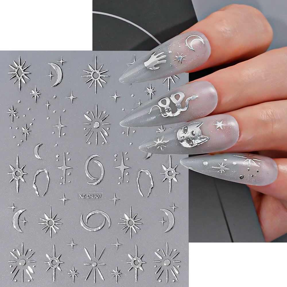 1 Uds. 3D plata Y2K estrella Luna sol pegatina artística para uñas luz de estrellas brillante pegatinas autoadhesivas geométricas para uñas DIY suministro de uñas de lujo
