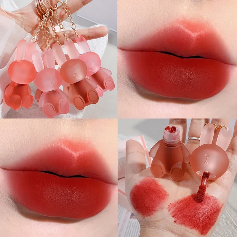 Cute Rabbit Keychain Lip Glaze 12 Color Long Lasting Moisturized Non-stick Cup Matte Velvet Liquid Lipstick Tint Korean Cosmetic