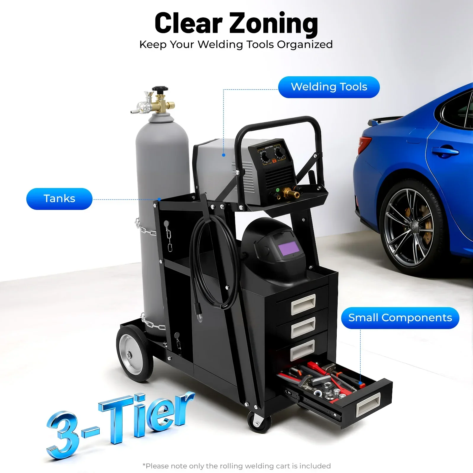 Rolling Welding Cart with Comfort Grip Handle - Black Welder Trolley Equipped with 4 Storage Drawers, Mobile Workshop Tool Cart view 4