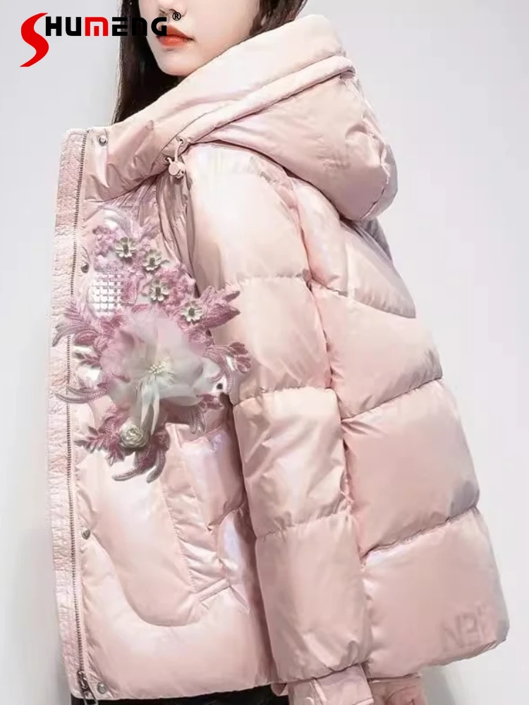 패션 플로럴 다운 재킷 여성 가을 겨울 신상 아우터웨어 광택 후드 따뜻한 재킷 트렌디 여성용 긴 소매 다운 코트