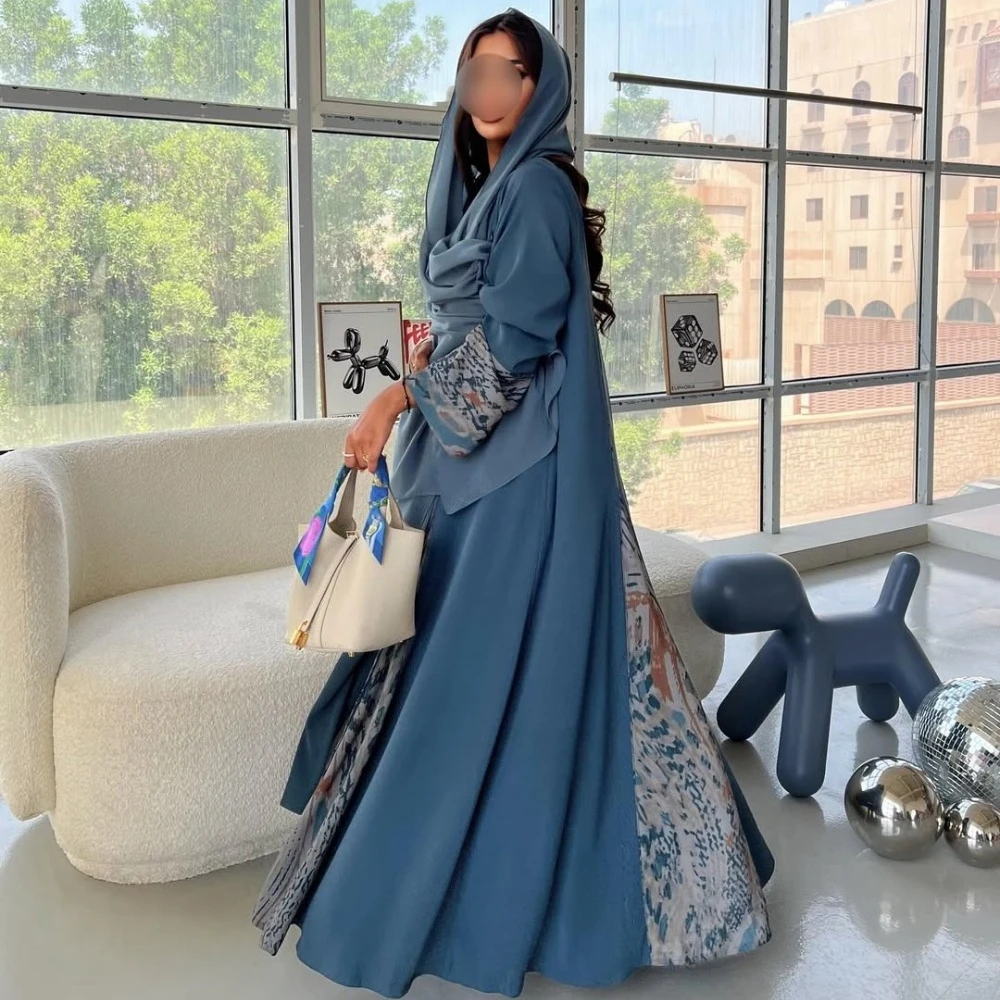 

Абайи для мусульманок Ближнего Востока, исламские кафтаны, повседневные платья макси, арабские джильбабы, абайя с длинными рукавами и открытым передом + хиджаб, 2 предмета