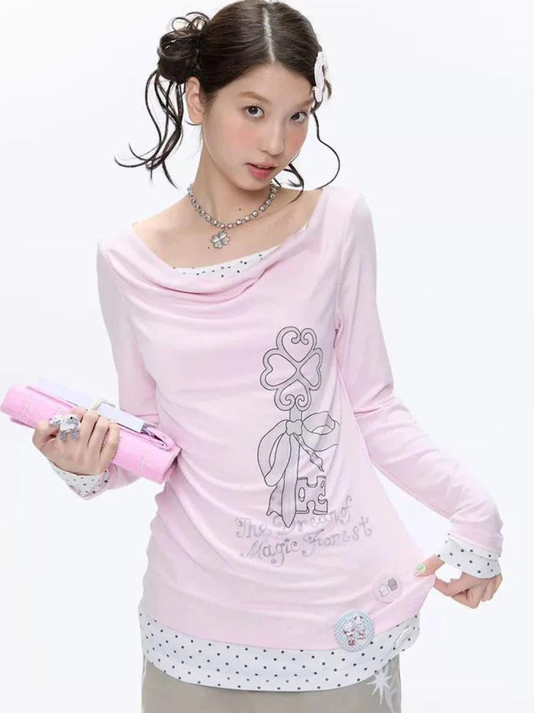 Chic Patchwork Sweet T Shirt Women Fall Long Sleeve Slim Cute Print Tees Casual Design Female Fashion Preppy Style Dot Tops New