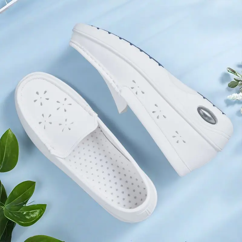 

Women Nurse Shoes Slip On Breathable Hollow Out Mesh Air Cushion Anti-Slip Platform Work Shoes Casual Loafers White Comfort