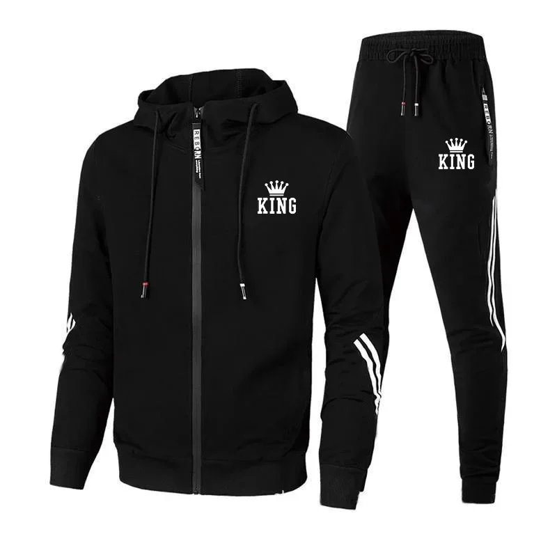 King Mens Tracksuit Suit Print Casual Zipper Hooded Jacket Coat+Sweatpants 2 Piece Set Autumn Winter Popular Jogging Clothing