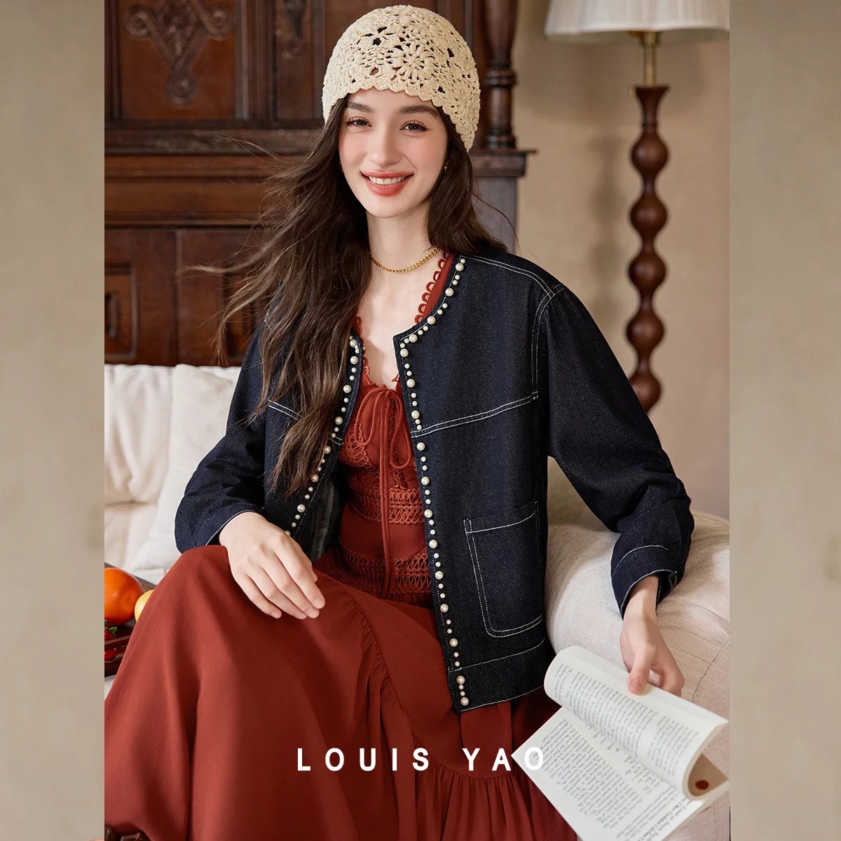 LOUIS YAO Fashion Beaded Denim Jacket 2026 Spring Crew Neck Women's Top Drop Shoulder Contrast Stitching Design  Denim Coat