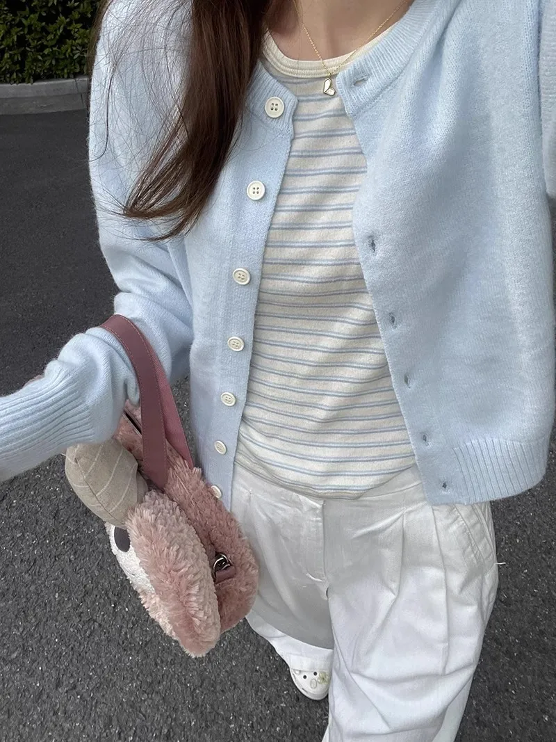 

High-End Simple Outerwear Top Soft Comfortable Chic Light Blue Knitted Sweater Women's Autumn New Korean Sle