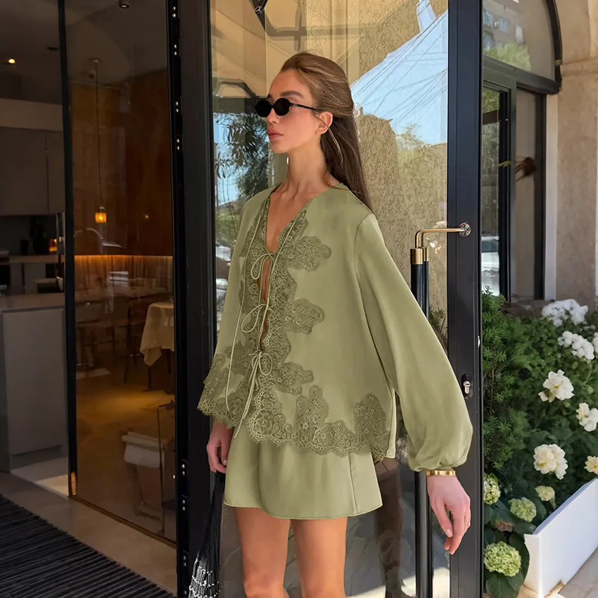Satin Lace Patchwork Shirt Shorts Suit Women V-neck Full Sleeve Hollow Out Lace Up Shirts Shorts Set 2026 Autumn Casual Outfits