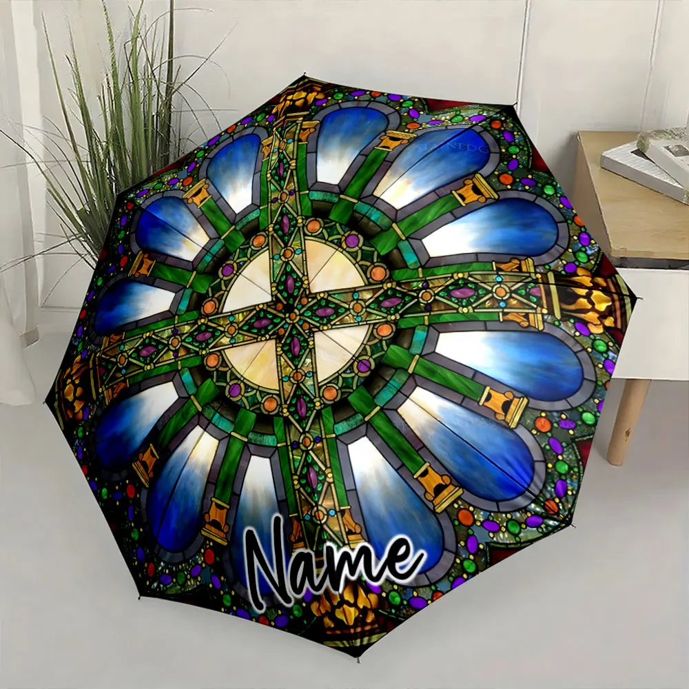 Custom Name Artistic Stained Glass Design Umbrella with Cross Motif 8 Iron Ribs Folding Umbrella, Auto-Open Fashion Sunshade