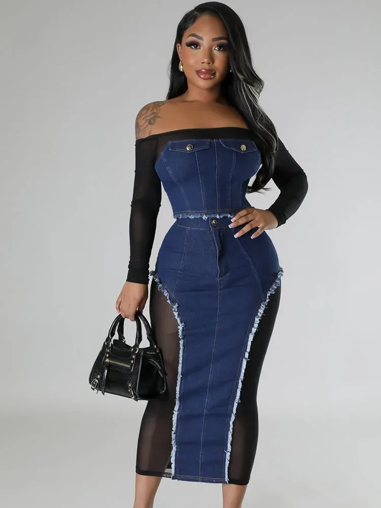 Elegant Mesh Patchwork Denim Dress Sets Womens 2 Piece Outfit Set Clubwear Slash Neck Crop Top and Long Skirt Matching Sets Chic