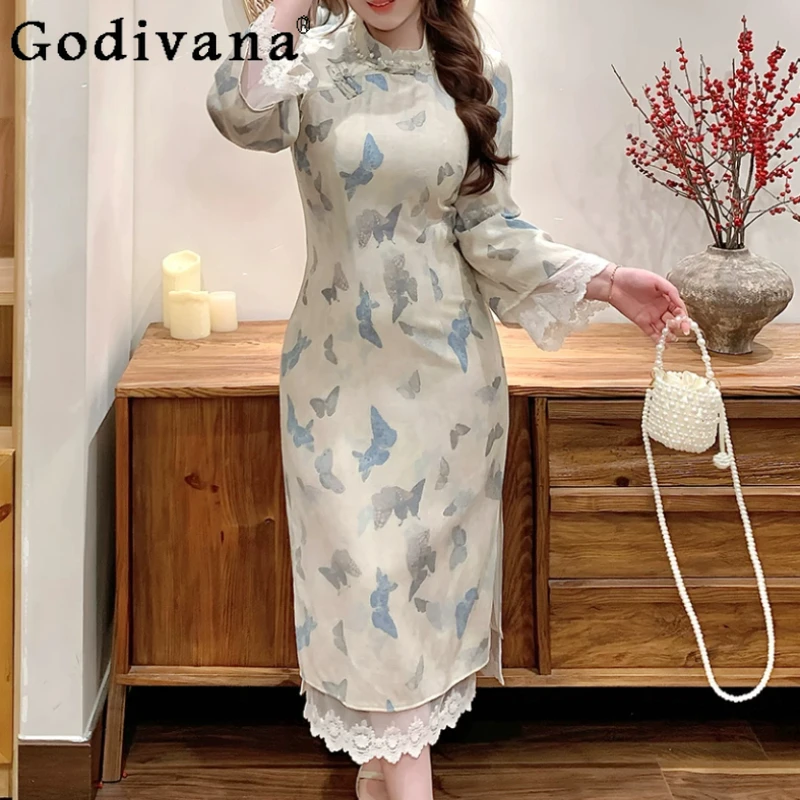 

Large Size Women Spring Autumn New Chinese Print Stand-up Collar Dress Fashion High Waist A-line Slim Long Sleeve Cheongsam