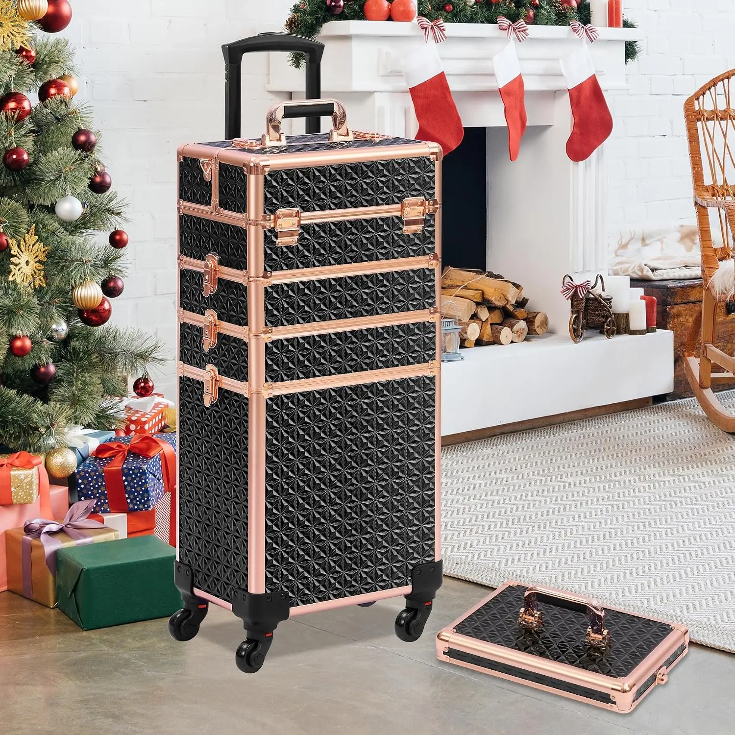 Rolling Makeup Case Makeup Train Case With Lid 5 In 1 Cosmetology Case On Wheels Large Makeup Organizers Professional Cosmetic Case For Salon Barber Black Gold view 7
