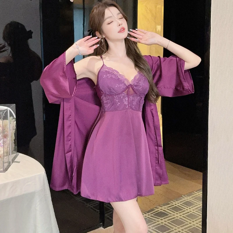 DAIMELU sleepwear chest pad sexy ice silk nightdress pure desire women nightgown lady pajamas suit female fashion nightwear set