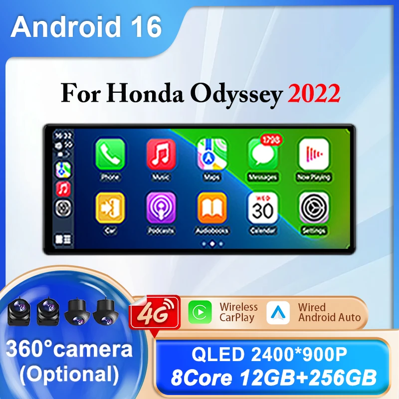 

12,3-дюймовый автомобильный мультимедийный плеер с сенсорным экраном Android 16, для Honda Odyssey 2022, CarPlay, авто GPS-навигация, DSP, стерео QLED 2400*900P