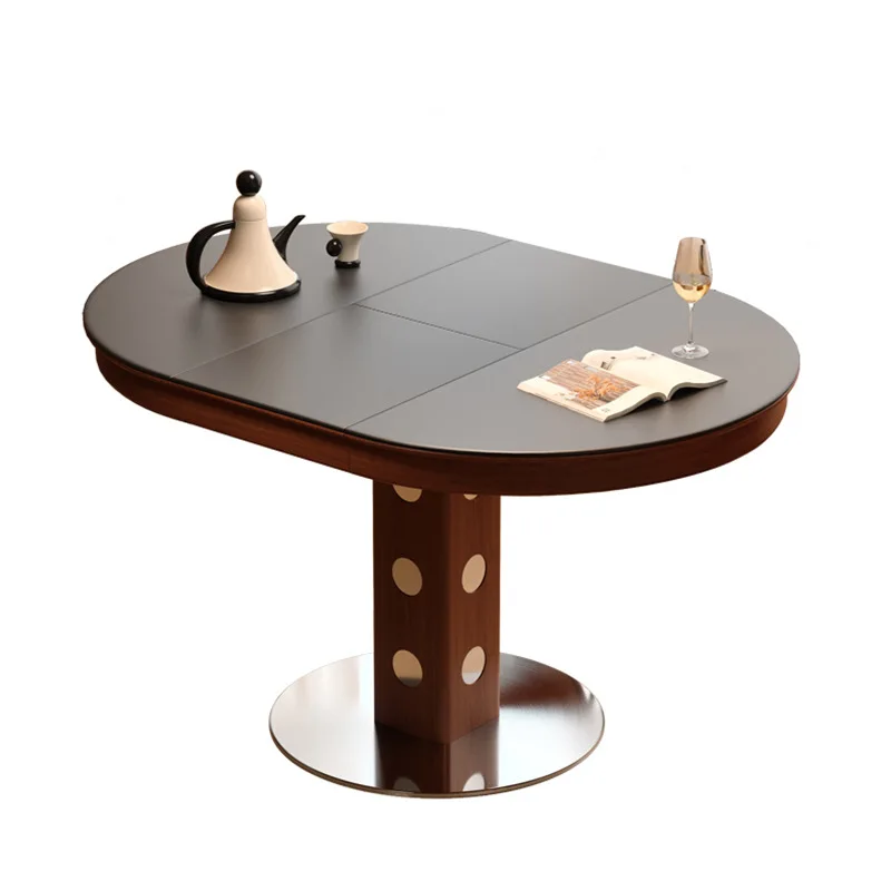 

Bauhaus black new French retro solid wood retractable dining table oval folding round table household small apartment table