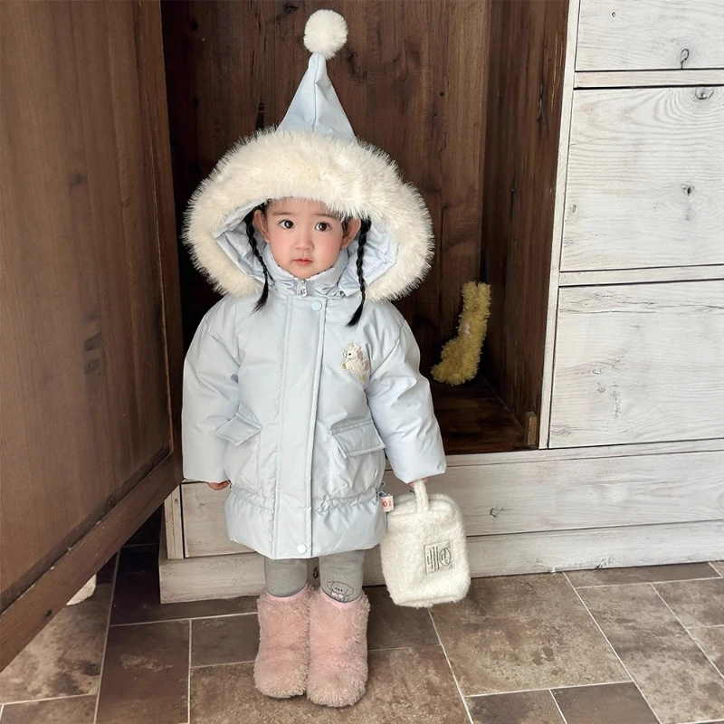 

2025 Winter New Hot Selling Girls' White Duck Down Solid Color Hooded Mid Length Warm Jacket