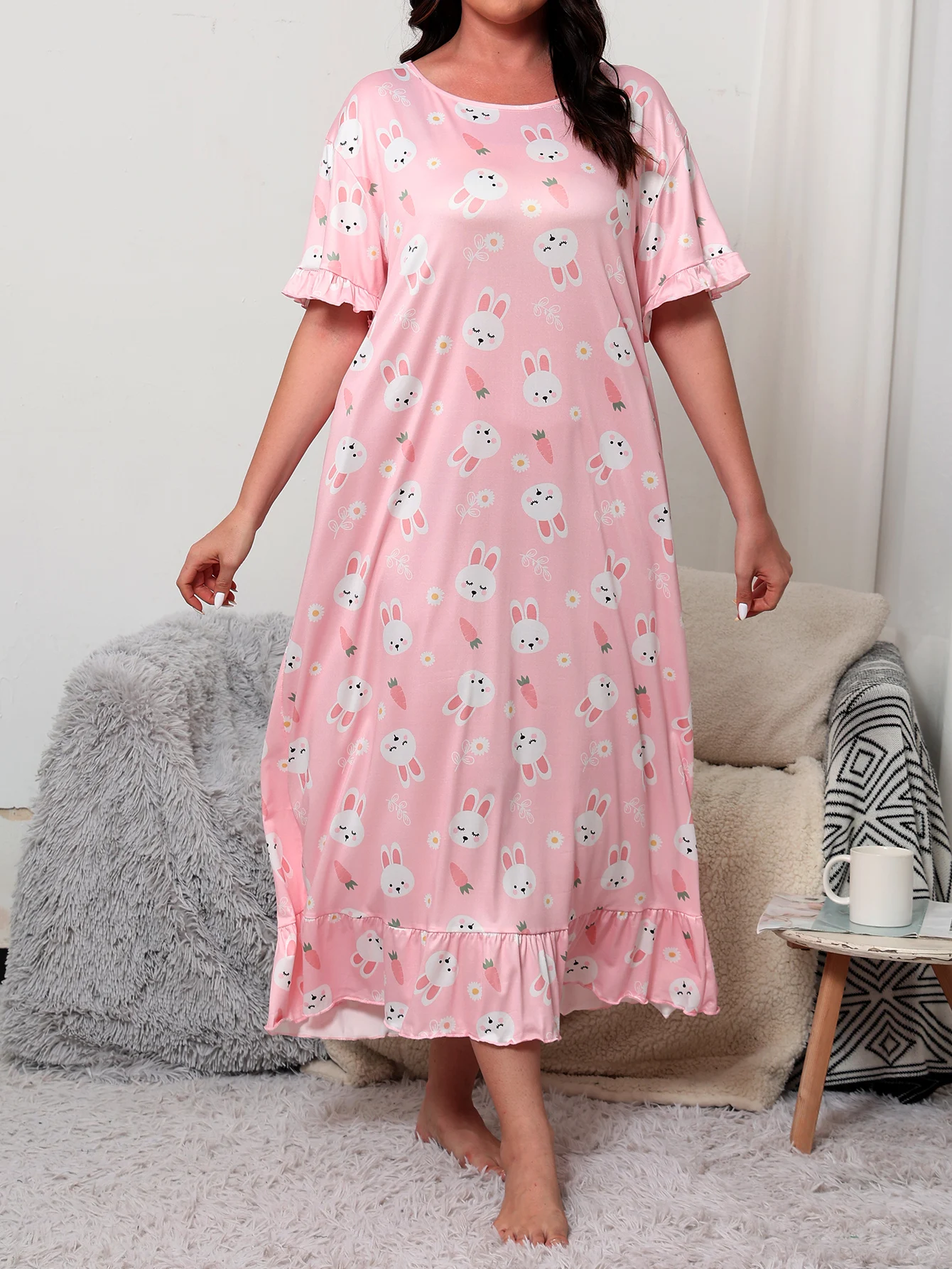 Milk Silk Short sleeved Skirt Pajamas Summer Thin Short sleeved Skirt Loose Pajamas Home Sleepwear Skirt Large Women\'s Pajamas