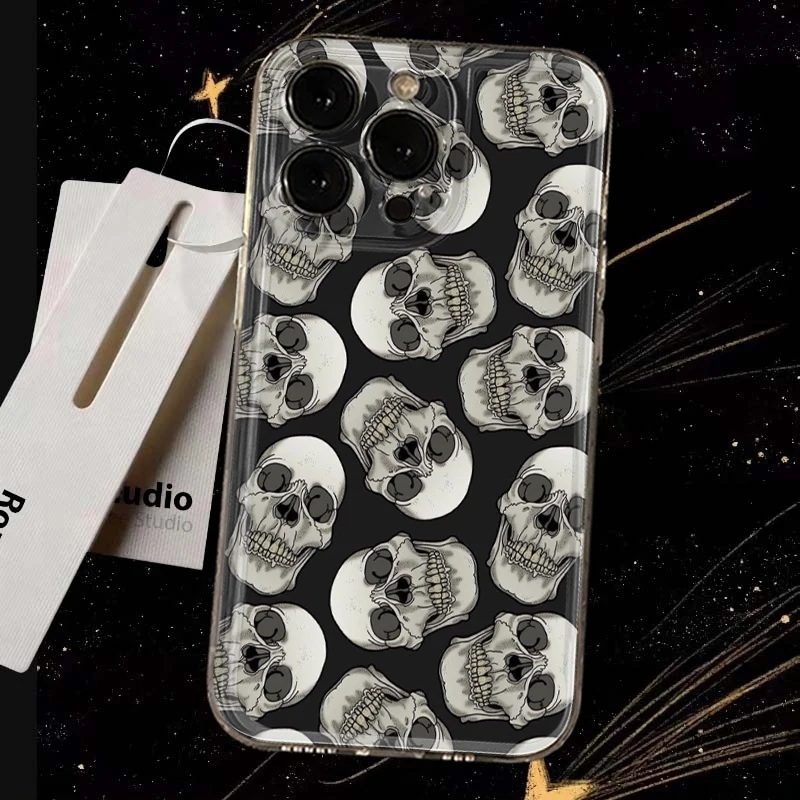 Funda Transparente Antigolpes con Diseño de Calavera de Halloween para iPhone 17 Air 16E 16 15 14 11 Pro Max Plus 13 12 Mini 8 7 X