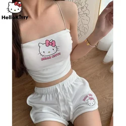 Cute Hello Kitty Printed Camisole Short Set With Bra Padding for Women's Sanrio Summer New Slim Drawstring Shorts For Girls