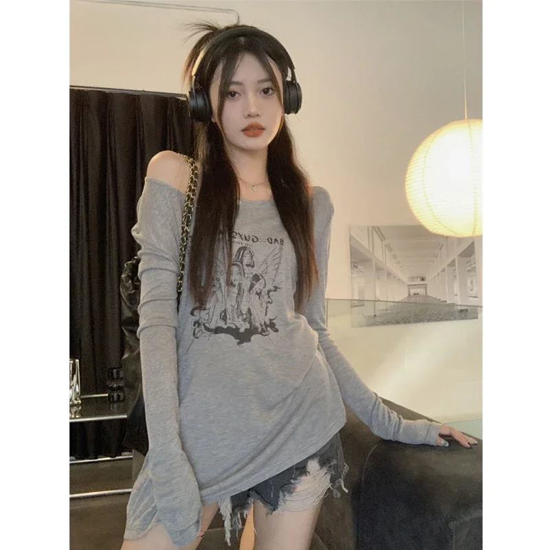 Women T-shirts Grunge Y2k Fairycore Oversized Vintage Korean Aesthetic Long Sleeve Tees Off Shoulder Tops Streetwear