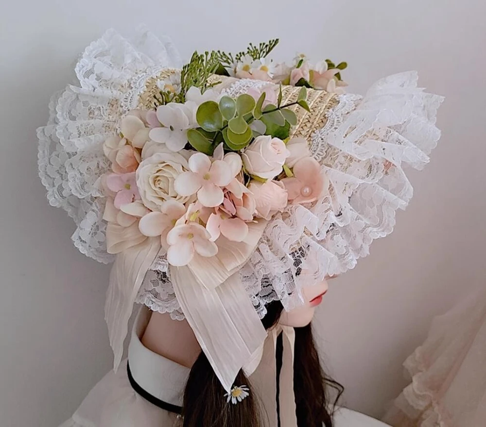 Vintage Victorian Headdress Flat Top Hat Ruffle Lace Lolita Straw Hat with Chin Strap Elegant Ribbon Flower Straw Hats