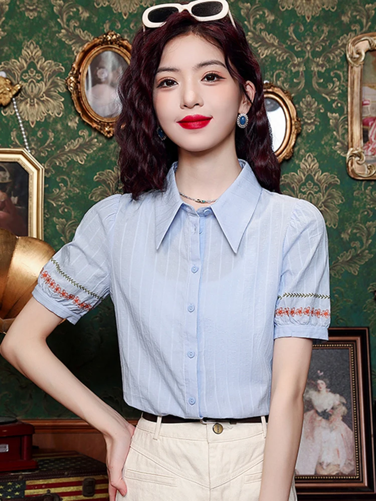 

Blue Embroidered ort Sve Cotton irt Loose Fit Summer New Sle Women's Top Thin Stripe Design Casual Office Wear