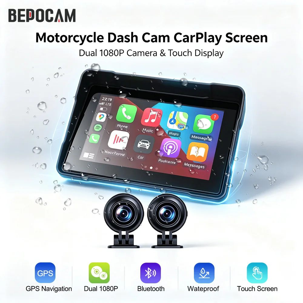 BEPOCAM Dual 1080P Motorcycle DVR 5'' Waterproof Moto Camera GPS Navigation DashCam Front Rear Driving Video Recorder Black Box