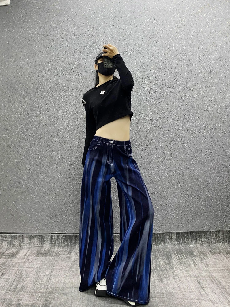 2025 Spring and Autumn Women's Tie-Dye Washed Casual Jeans High Waist Loose Slimming Versatile Wide-Leg Floor-Length Pants